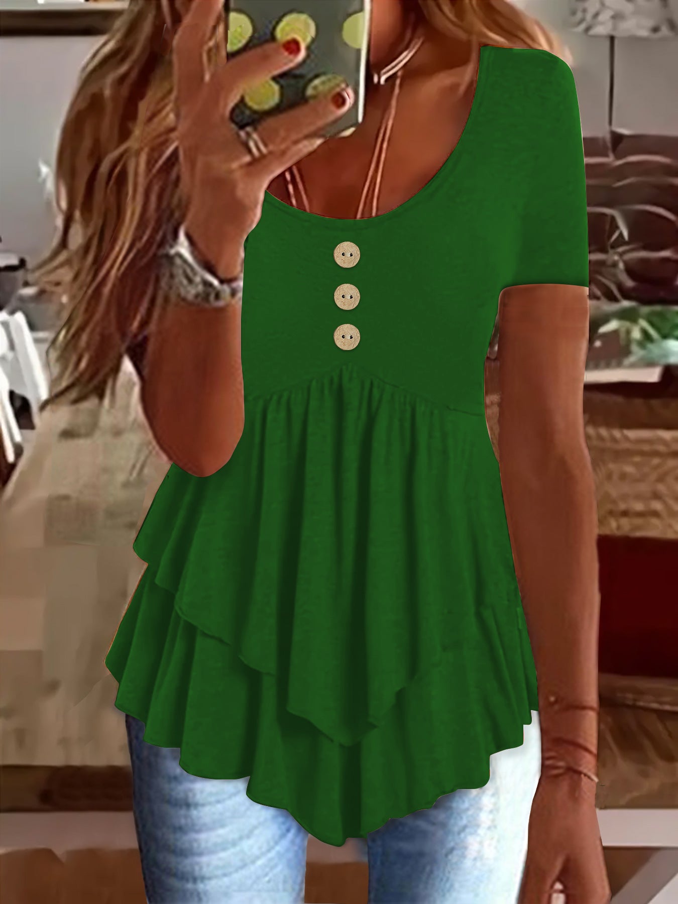 Women's Fashion Button Casual Solid Color Sleeve Blouses