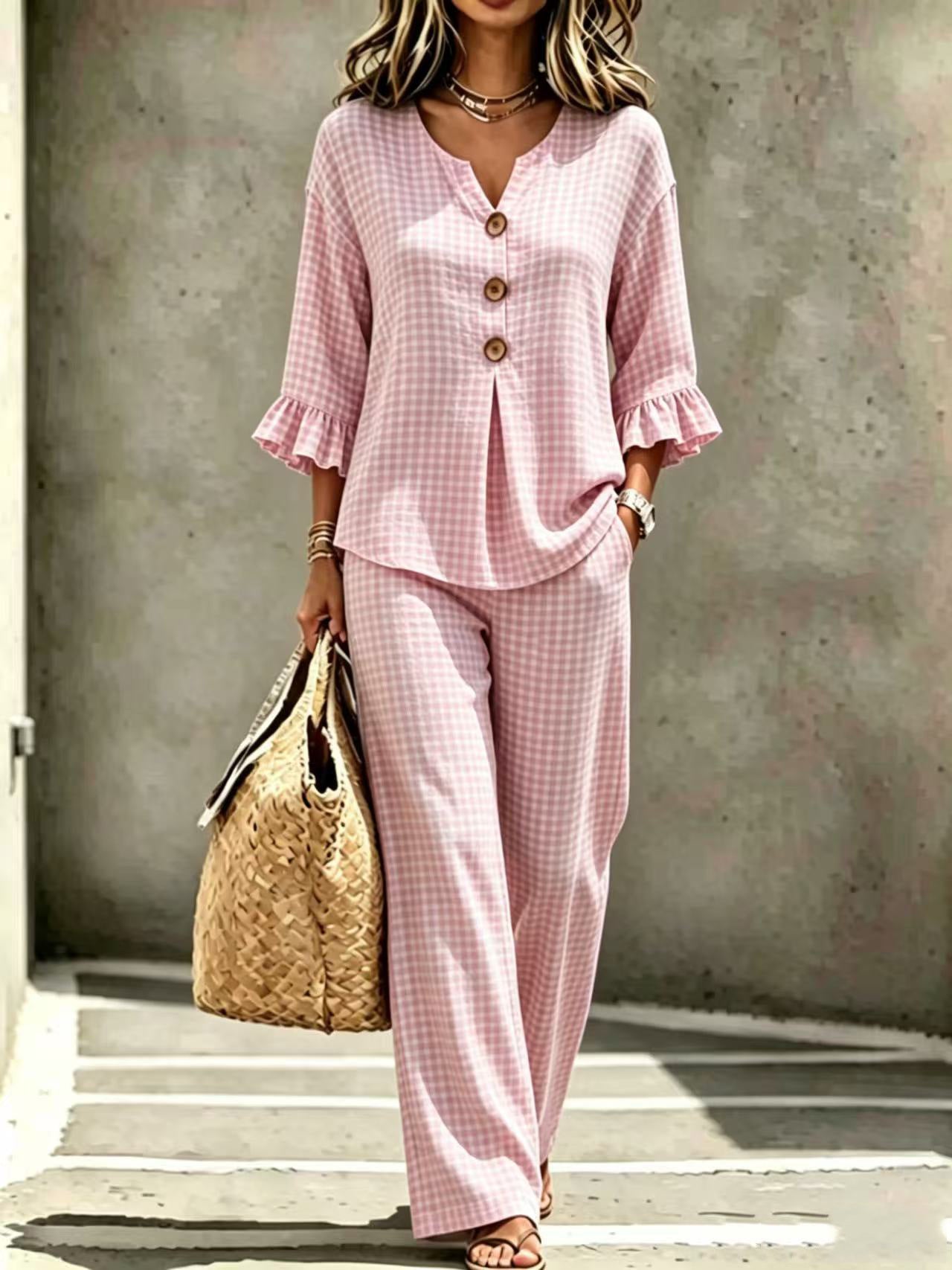 Women's Button Flounce Plaid Sleeve Trousers Tops