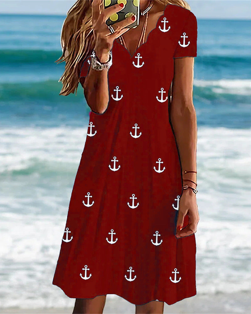 Summer Printed Short-sleeved Fluted Collar Dress Dresses