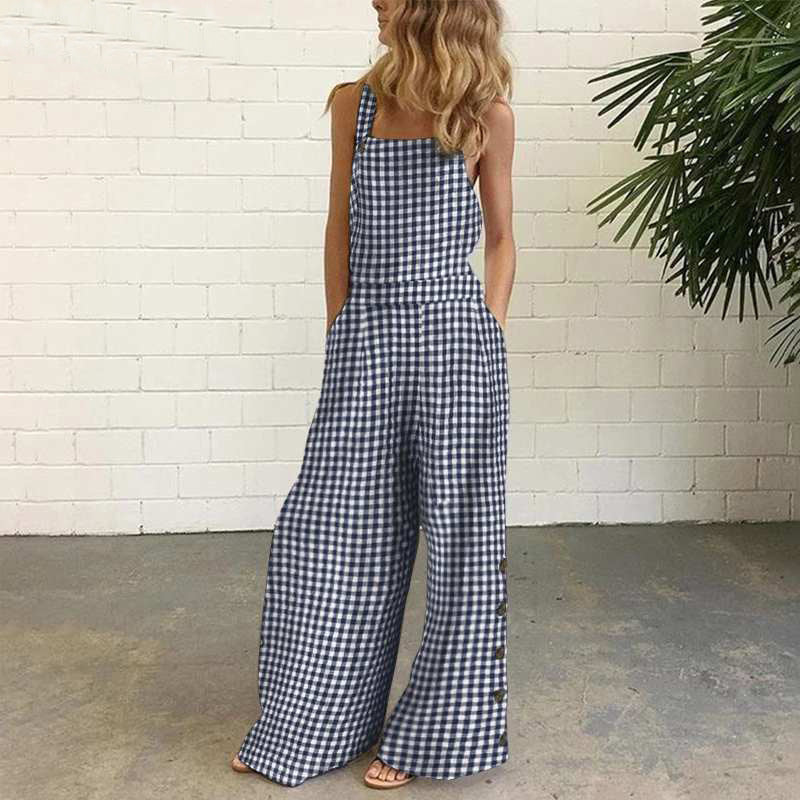 Women's Linen Printed Fastener Decoration Sleeveless Loose Jumpsuits