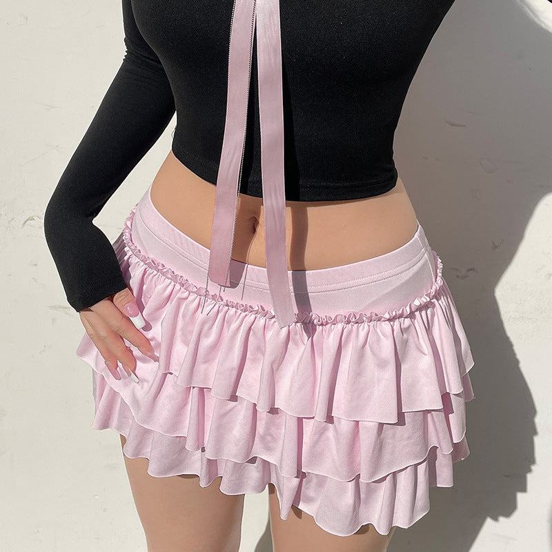 Pink Low Waist Back Hip Bow Pleated Hot Sexy Skirts