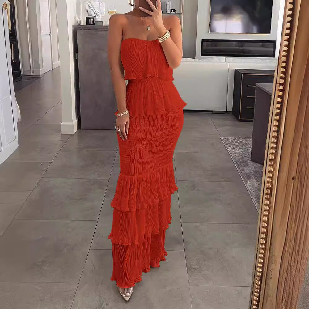 Women's Color Sleeveless Tube Smocking Pleated Ruffled Dresses