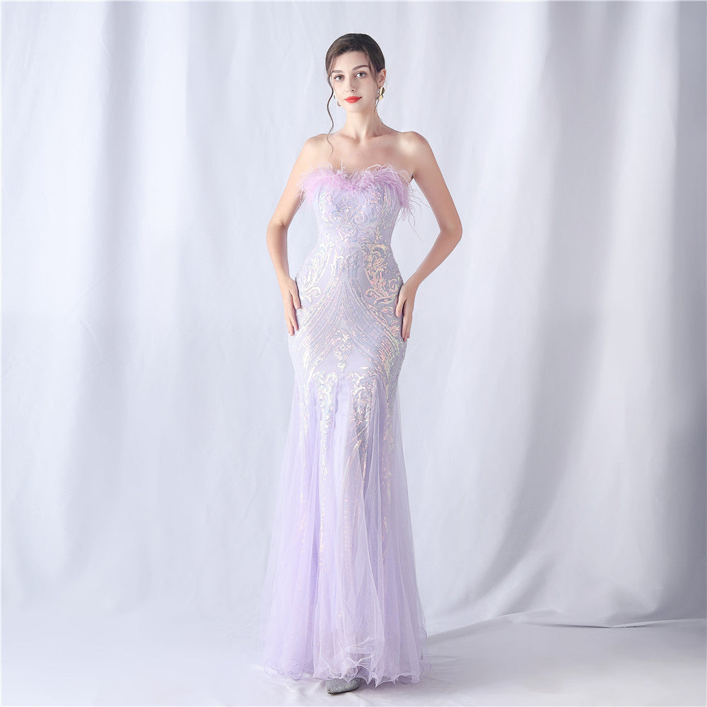 Ostrich Feather Positioning Flower Cutting Tube Evening Dresses