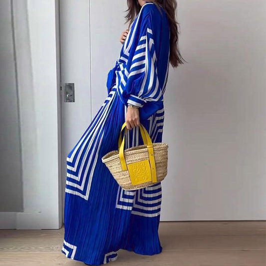Women's Autumn Fashionable Printed Striped Shirt Pleated Suits