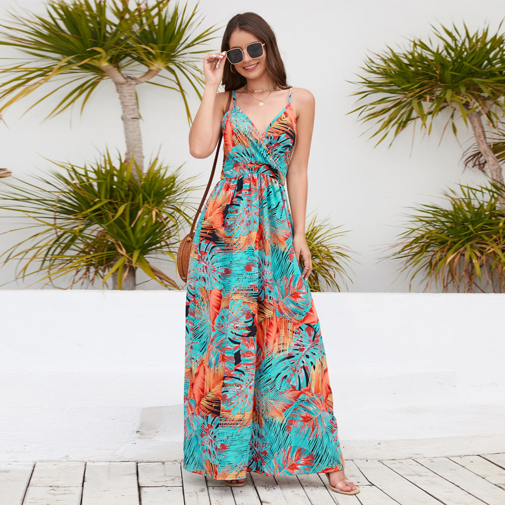 Women's Bohemian Printed Maxi Dress Sexy Strap Dresses