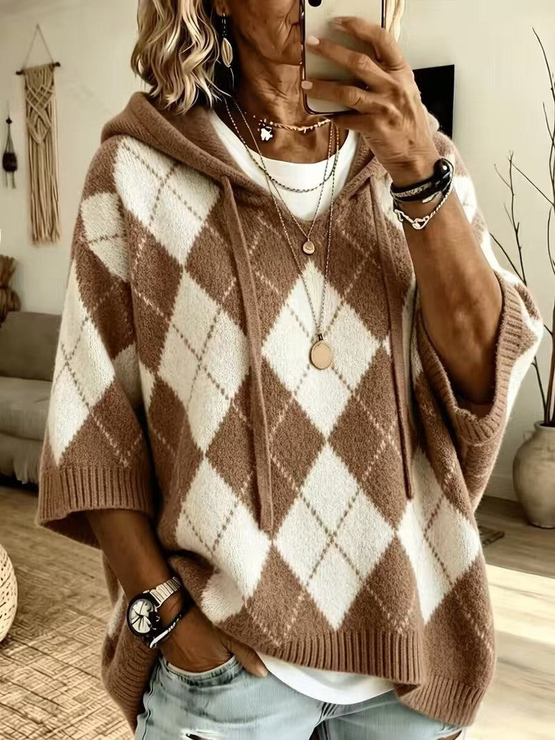 Knitted Plaid Printed Casual Hooded Drawstring Tops