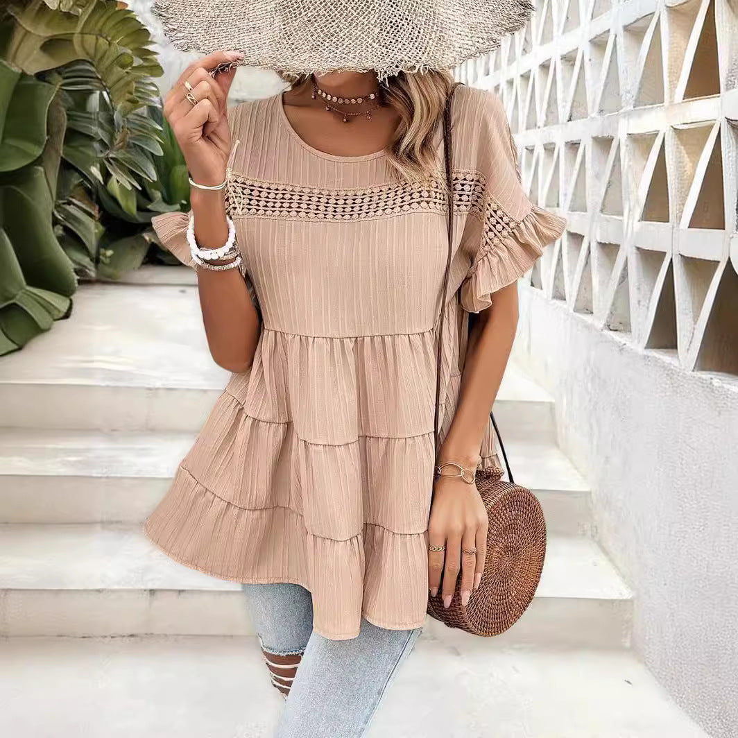 Women's Summer Shirt Round Neck Lace Stitching Blouses