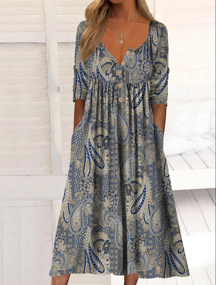 Women's Printed Pocket Clinch Long Dress Plus Size