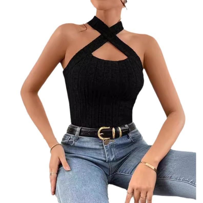 Halter Sleeveless Brushed Sunken Stripe Knitted Tops