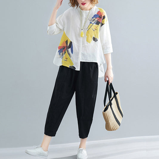Women's Summer Loose Printed Chiffon Irregular White Shirt Casual Suits