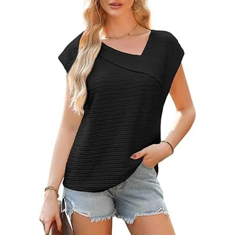 Women's Diagonal Collar Fashion Casual Short-sleeved T-shirt Blouses