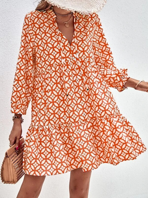 Fresh Printed Temperament Niche Floral Three-quarter Sleeve Dress