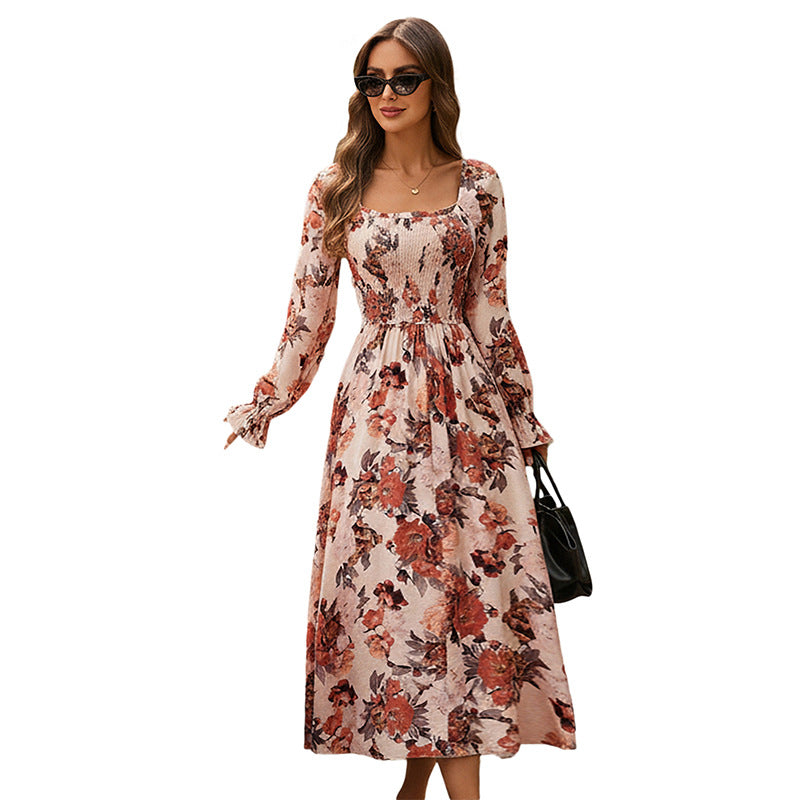 Women's Smocking Square Collar Split Retro French Dresses