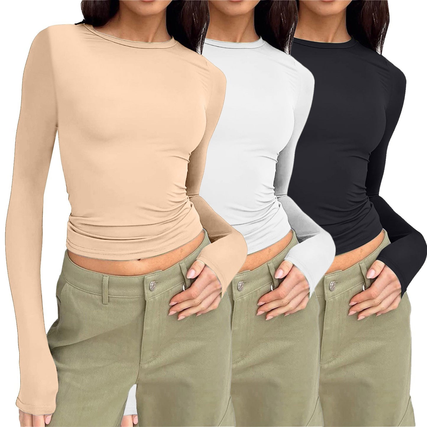 Women's Long-sleeved Solid Color Slim Pullover T-shirt Blouses