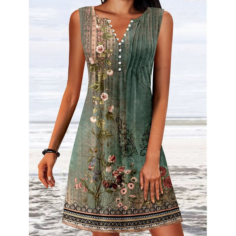 Summer Printed Button Cinched Sleeveless Knitted Dresses