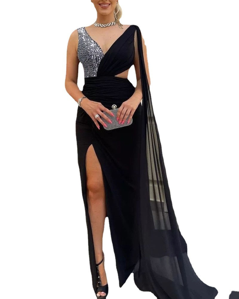 Mesh Sequins Split Sexy Deep V Dresses