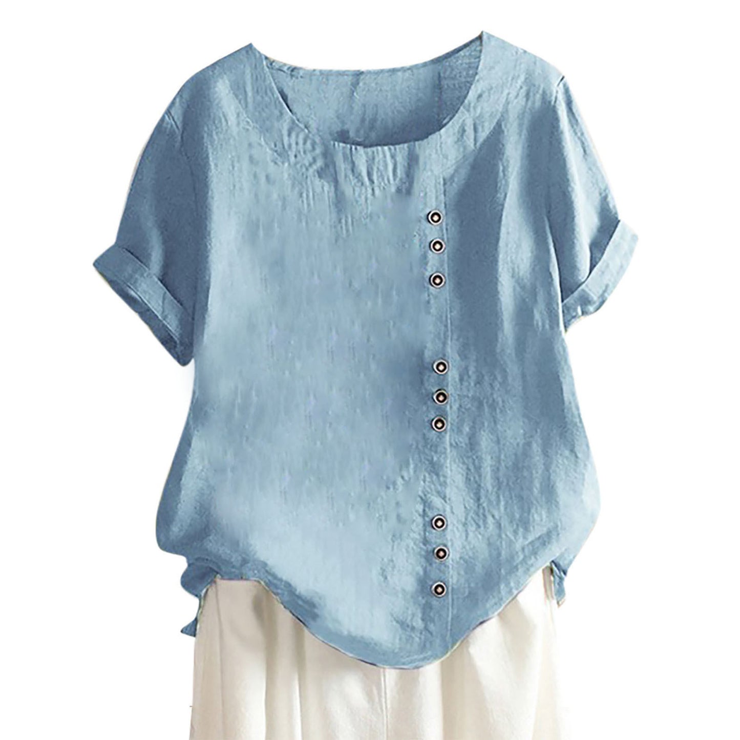 Women's Button Sleeve Casual Holiday Round Neck Regular Cotton Blouses