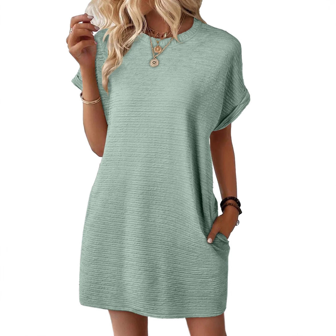 Women's Round Neck Pocket Solid Color Sleeve Shorts