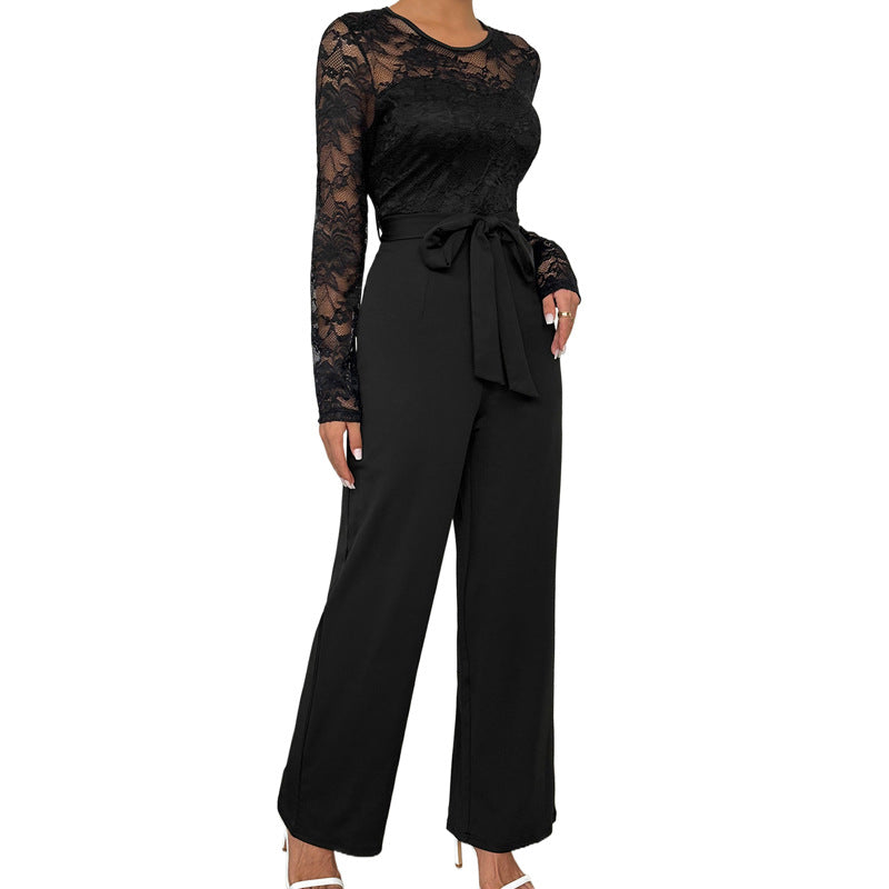 Lace Stitching Zipper Solid Color Loose Jumpsuits