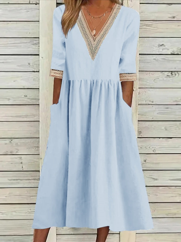 Women's Loose Cotton Linen Lace Collar Half Dresses