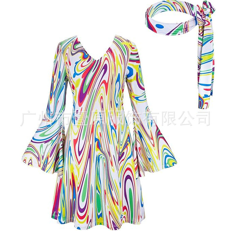 Halloween Generation Hippie Disco Festival Dress Headscarf Print Dresses