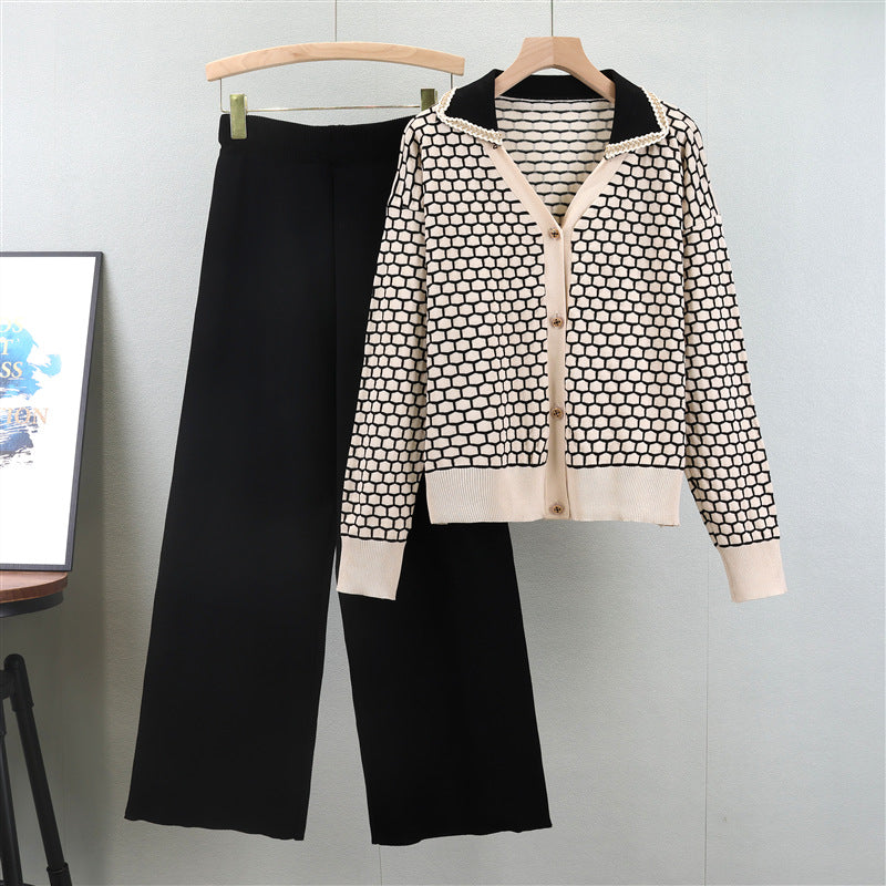 Women's Plaid Elegant Knitted Fashionable Wide Leg Fashion Casual Suit