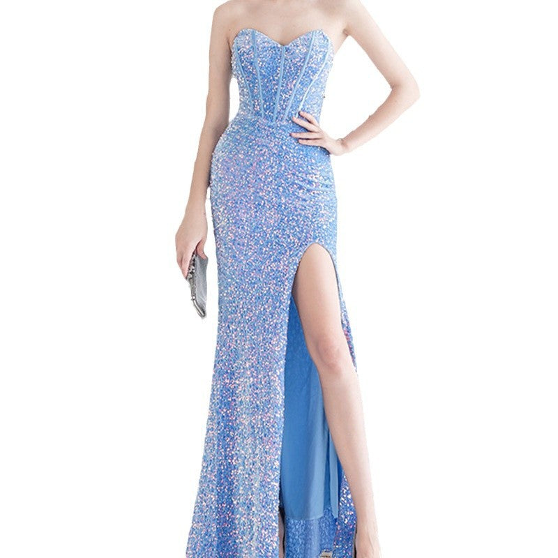 Sequin Back Lash Rope Bra Side Evening Dresses