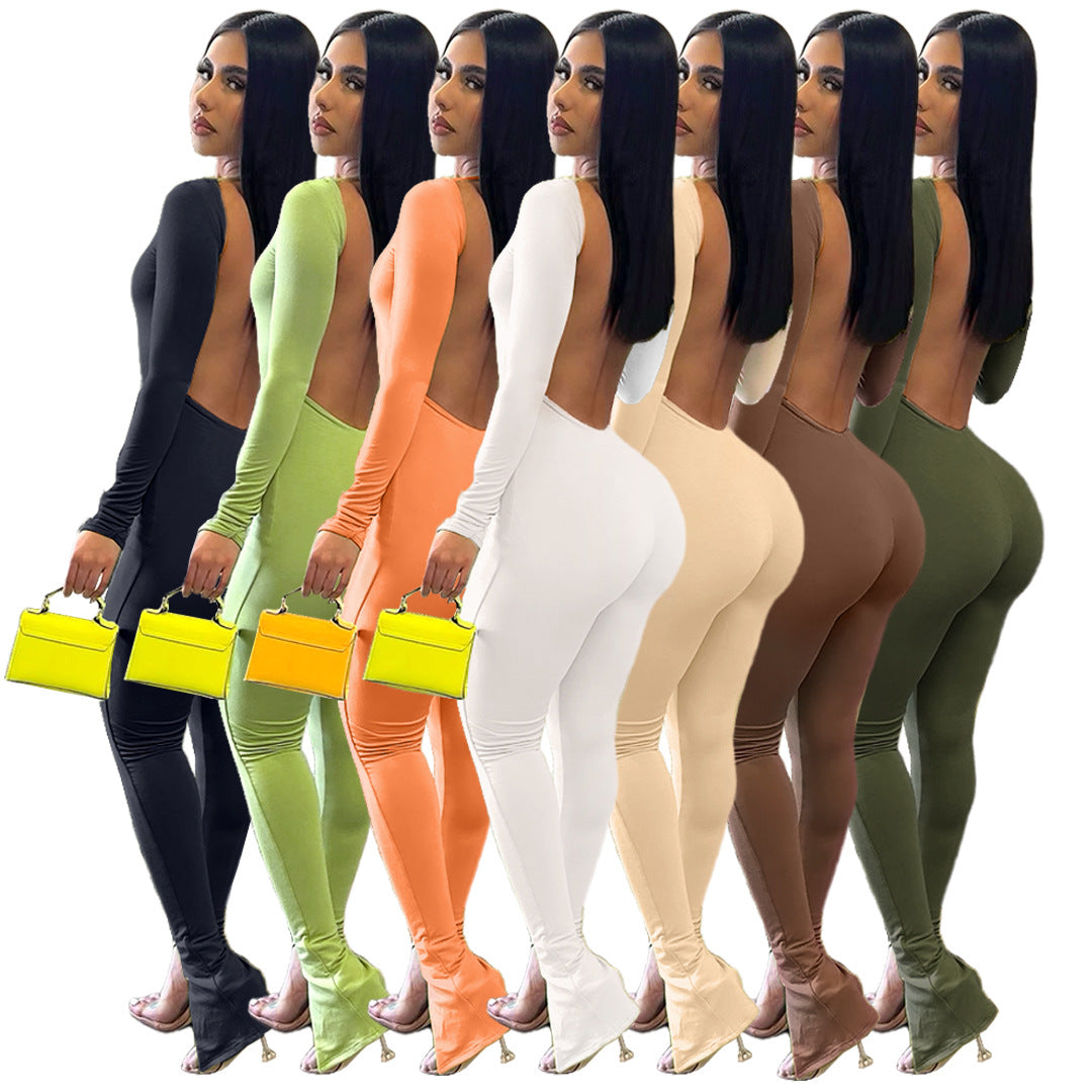 Women's Finger Stall Clothes Solid Color Backless Slit Jumpsuits