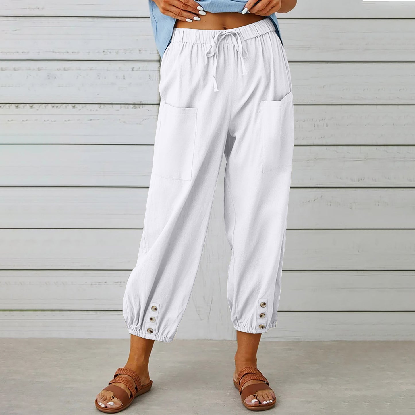 Women's High Waist Button Cotton Linen Trousers Pants
