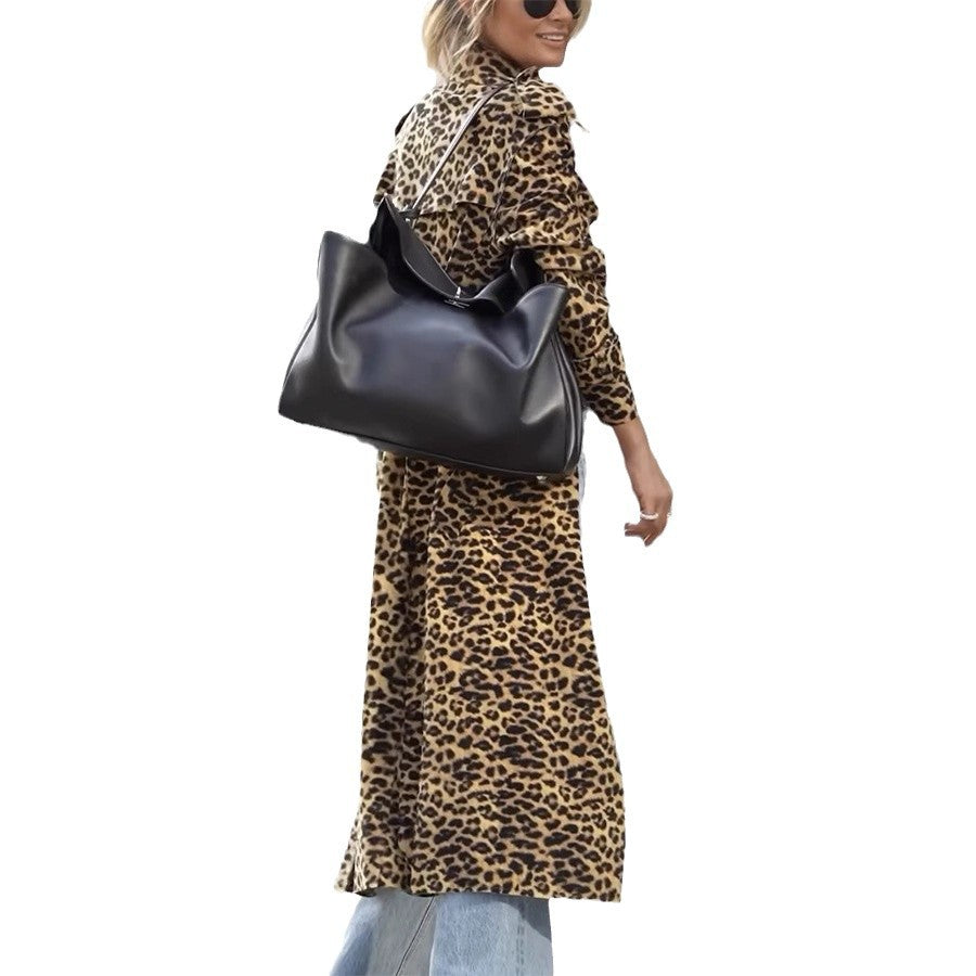 Women's Print Lapel Windbreaker Loose Casual Long Coats