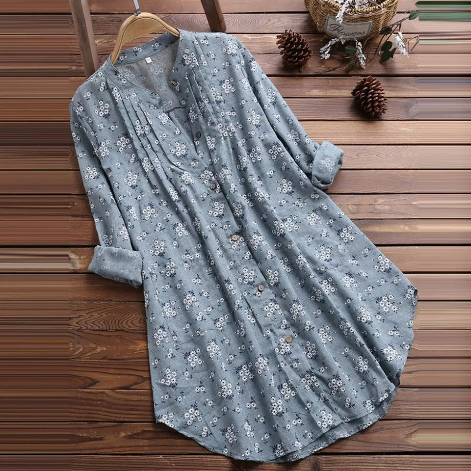 Women's Shirt Cotton Linen Floral Mid-length Loose Blouses