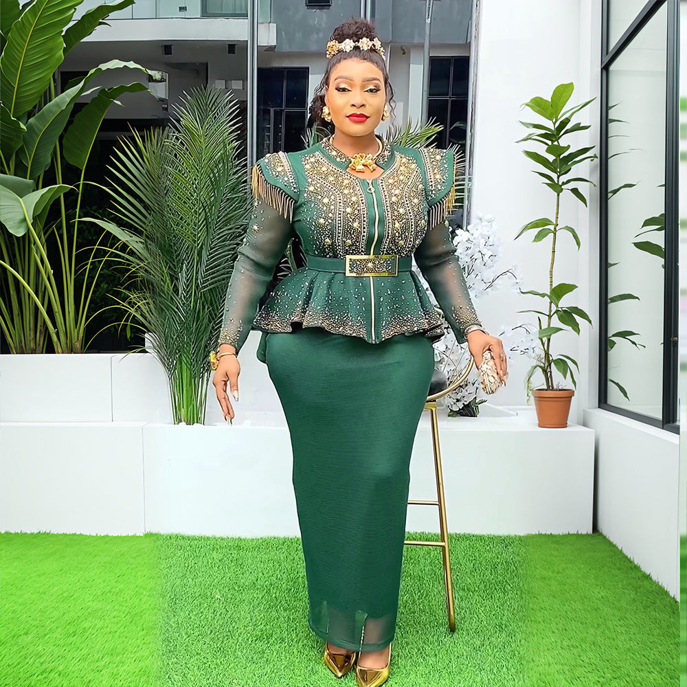 Women's African Dress Rhinestone Two-piece Set Suits