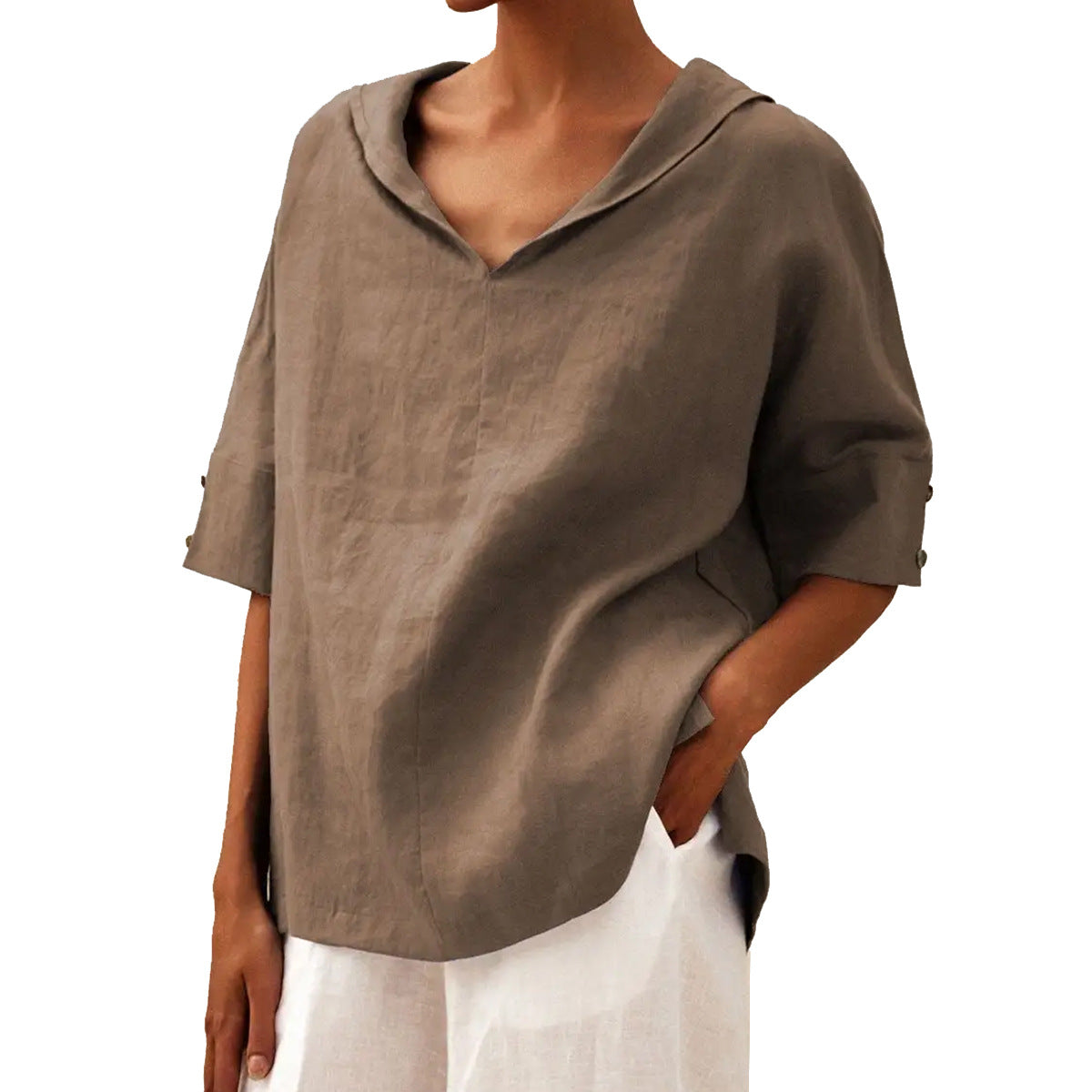 Women's Solid Color Cotton Linen Hoodie T-shirt Blouses