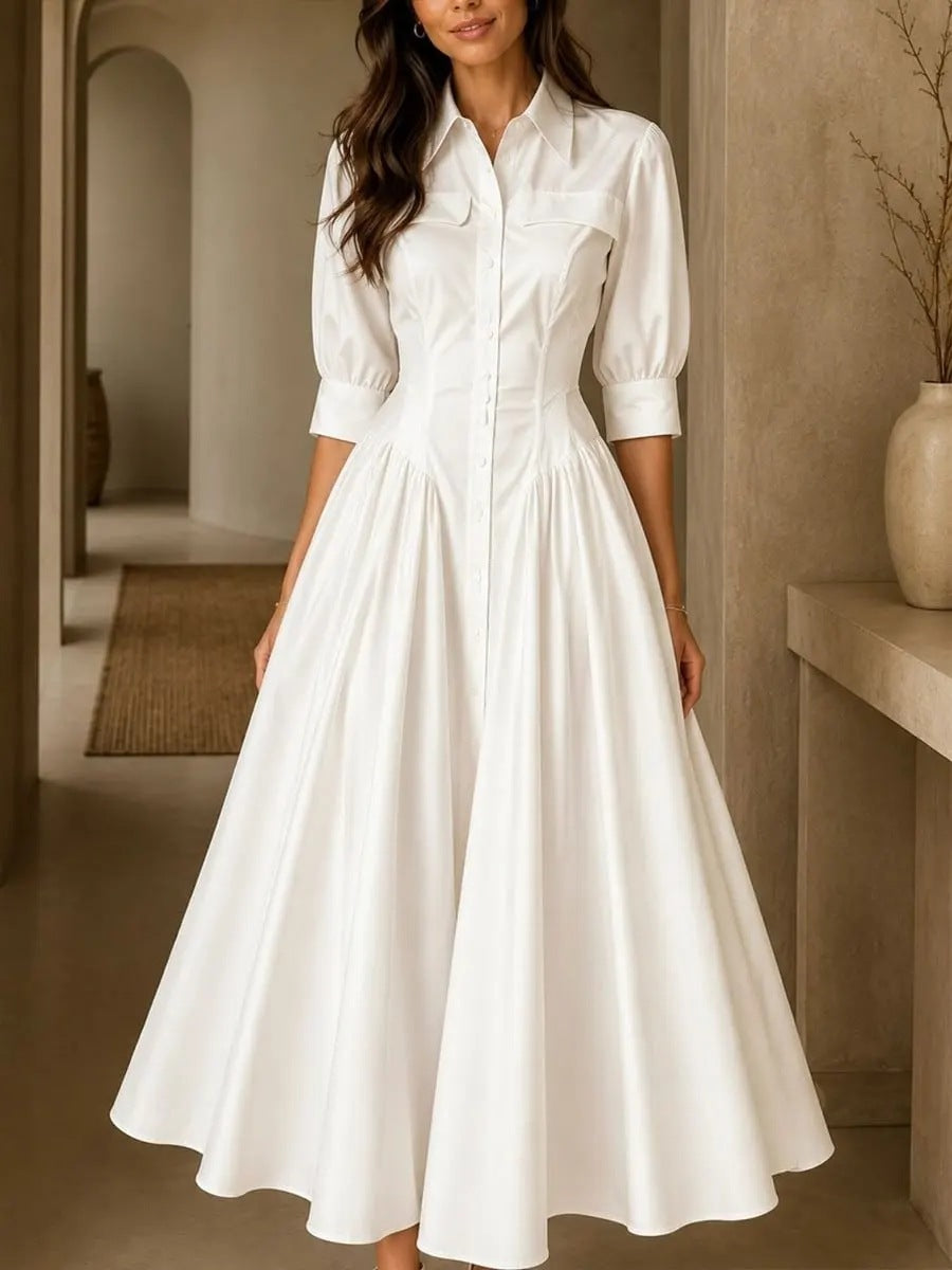 Linen Blended Breasted High Waist Pure Color Dress