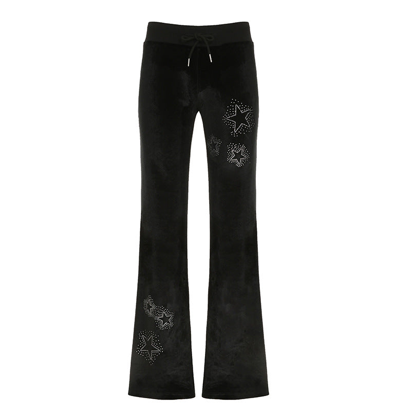 American Street Style Hot Rhinestone Rowan Waist Veet Casual Pants