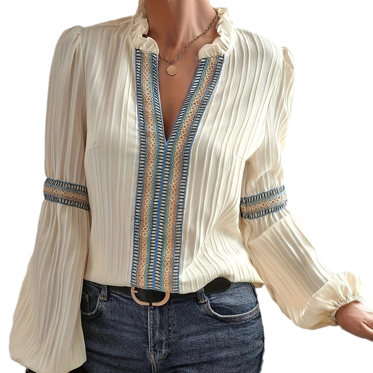 Sleeve Loose Simple Plain Lace Patchwork Blouses