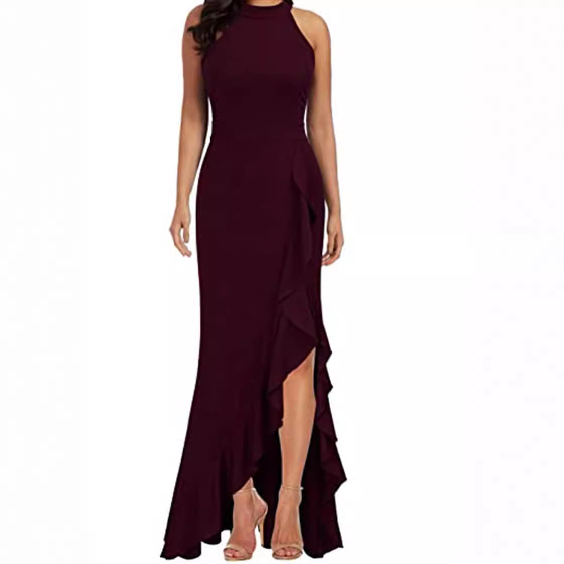Women's High Neck Split Tight Mermaid Sleeveless Dresses