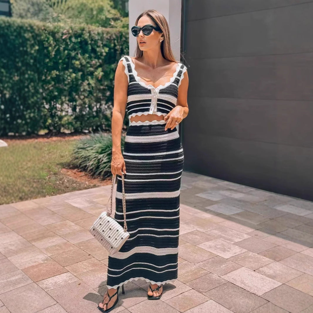 Women's Striped Knitted High Waist Contrast Two-piece Suits