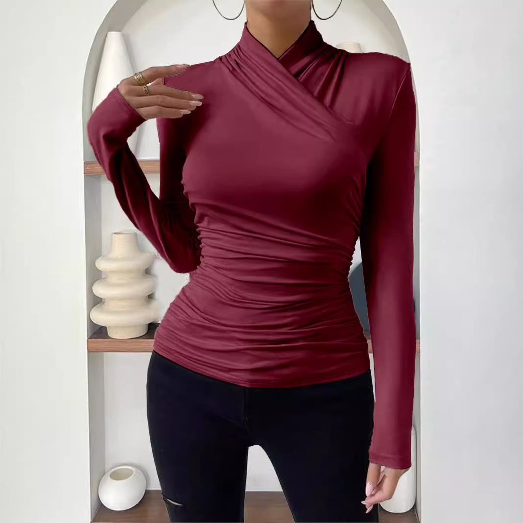 Design Cross Collar Slim Fit Pleating Blouses