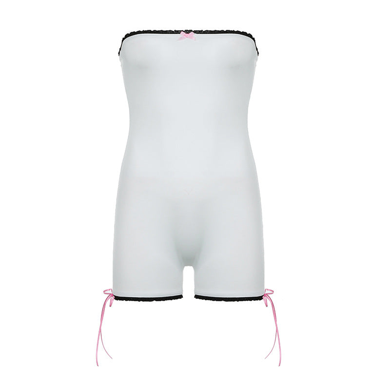 Lace Stitching Contrast Wrapped Chest Sleeveless Skinny Shorts