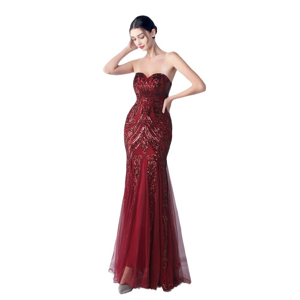 Flower Cut Mesh Sequin Dinner Toast Evening Dresses