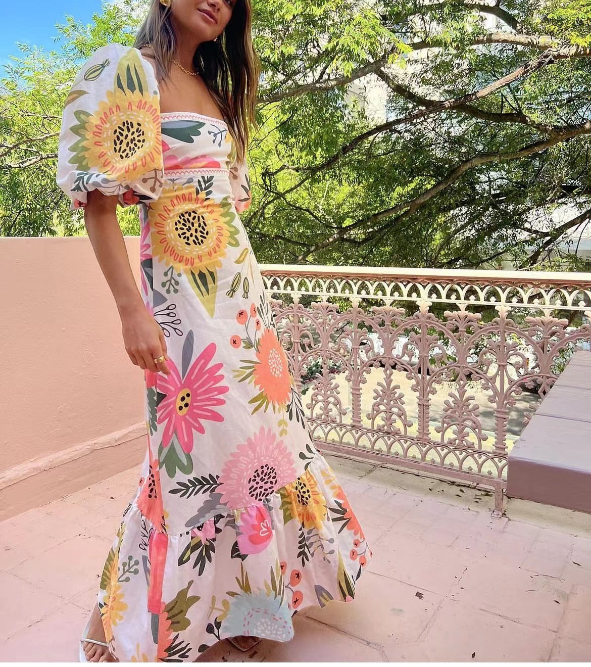 Printed Lantern Sleeve Large Swing Dress Dresses