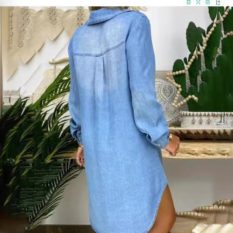 Breasted Pocket Solid Color Denim Shirt Dresses