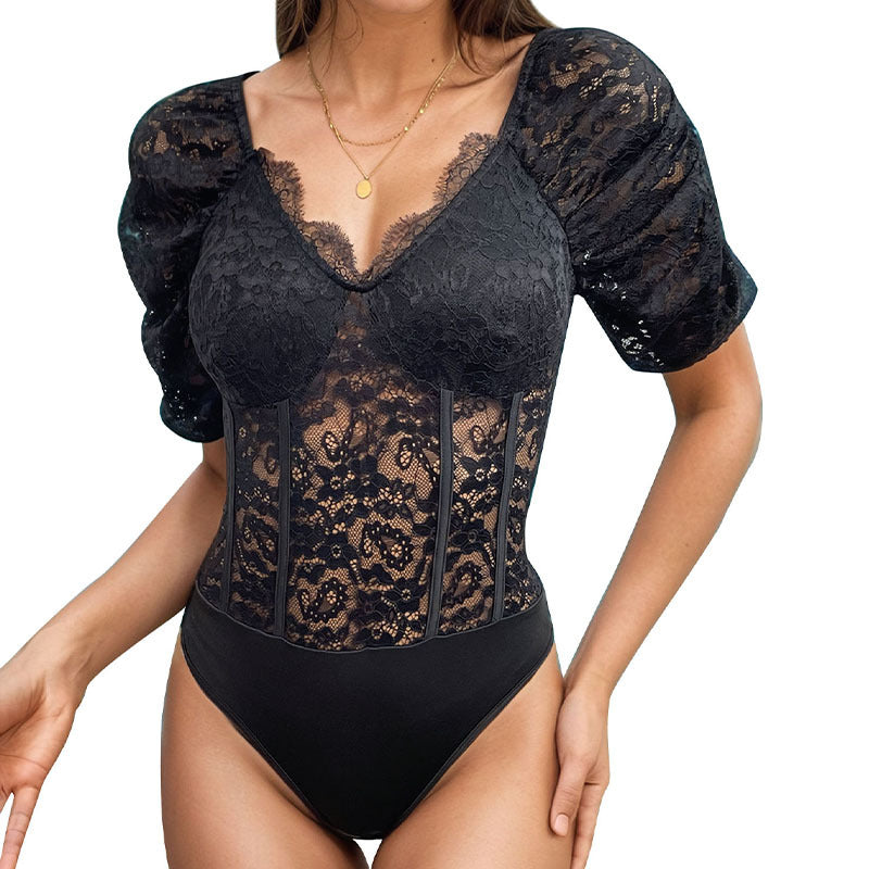 Romantic Sexy Lace Deep Solid Color Jumpsuits