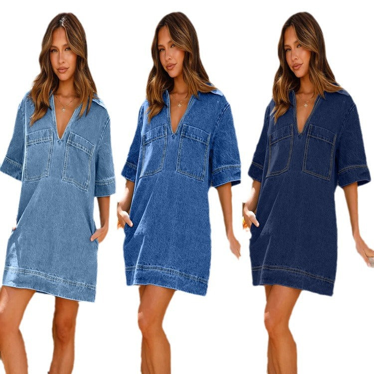 Versatile Lapel Sleeve Loose Denim Dress Dresses