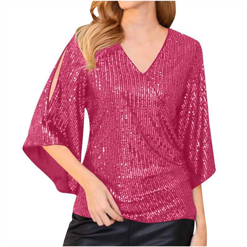 Women's Loose Mid-length Sequined T-shirt Short-sleeved Pullover Blouses