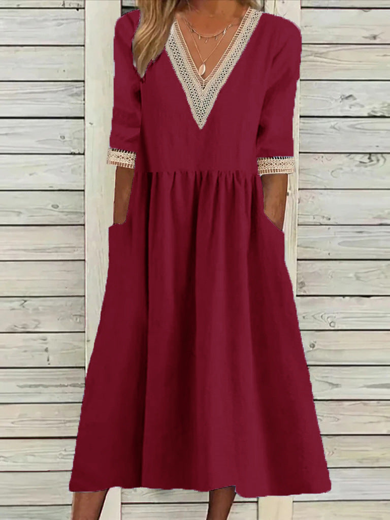Women's Loose Cotton Linen Lace Collar Half Dresses