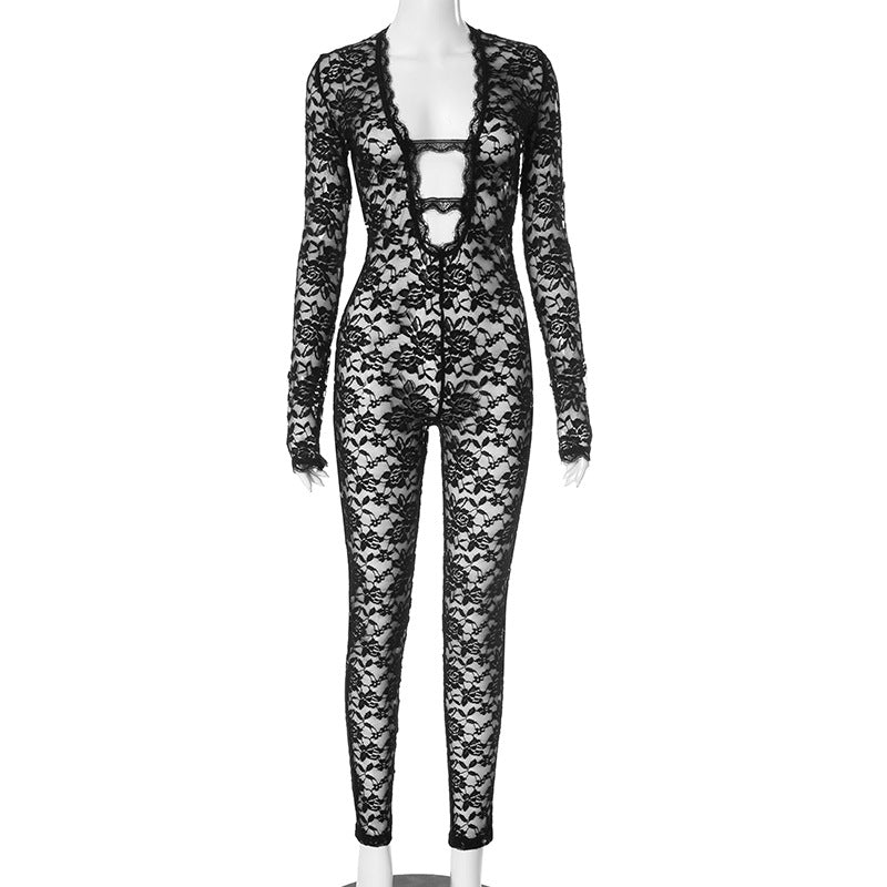 Women's Lace Zipper Sexy Hot Nightclub Jumpsuits