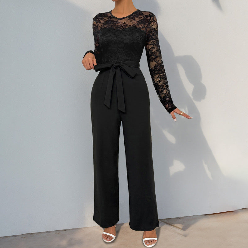 Lace Stitching Zipper Solid Color Loose Jumpsuits