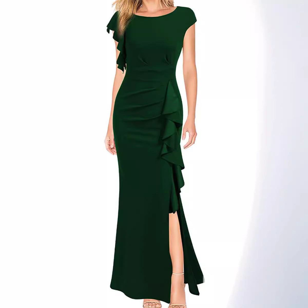 Women's Waist Slit Dress Elegant Fashion Round Neck Dresses
